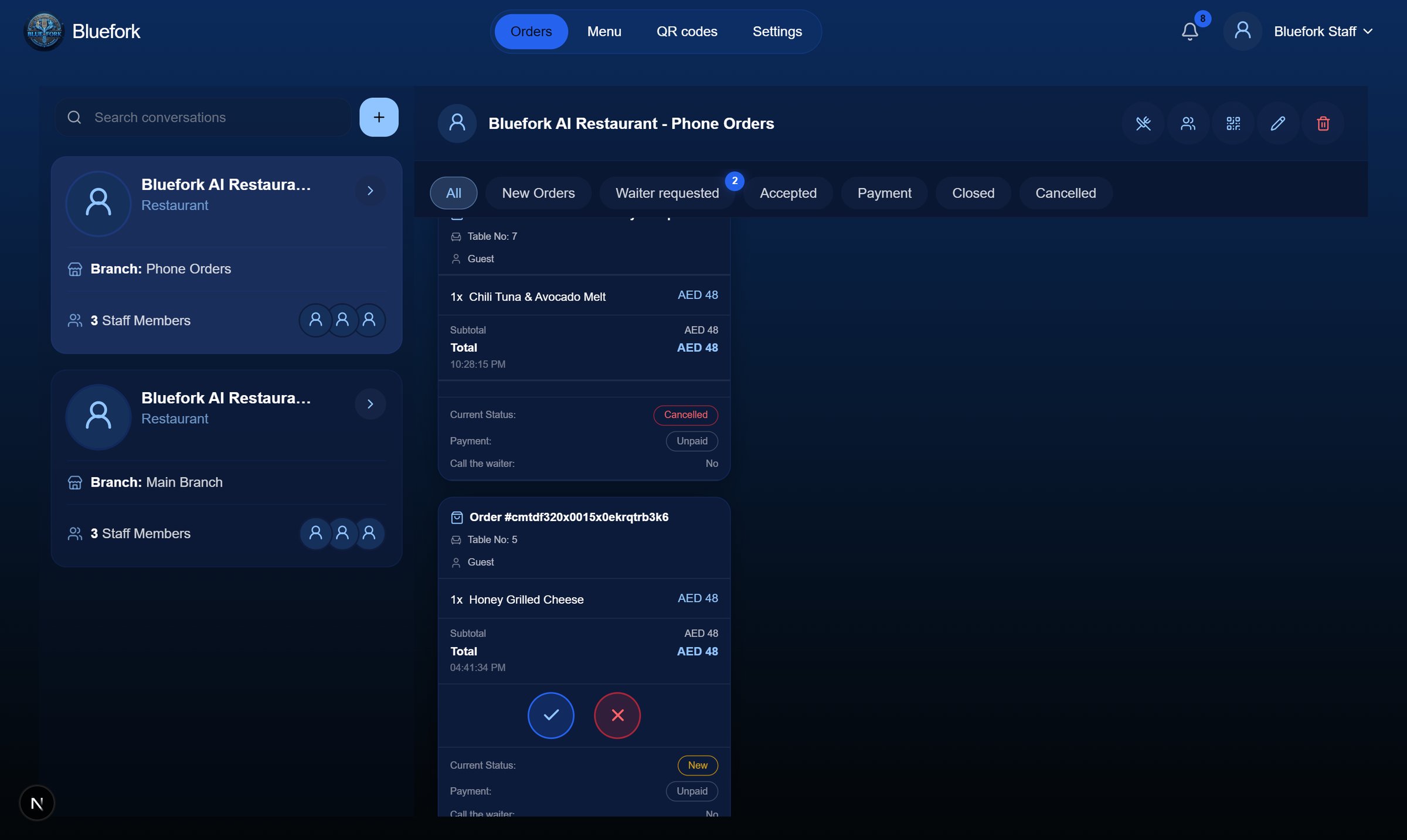 The Bluefork order board showing incoming orders with accept and decline controls