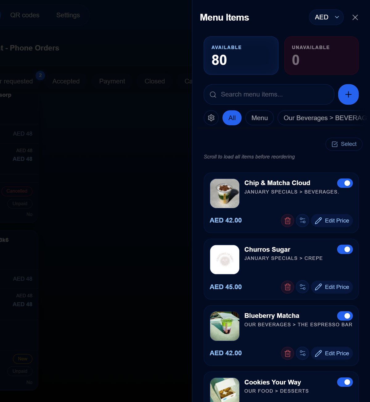 The menu manager listing categories and menu items
