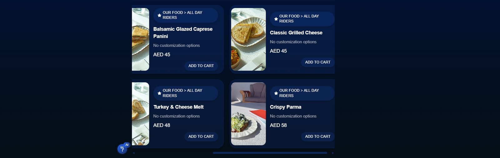 The menu rendered as photographed cards inside the diner chat