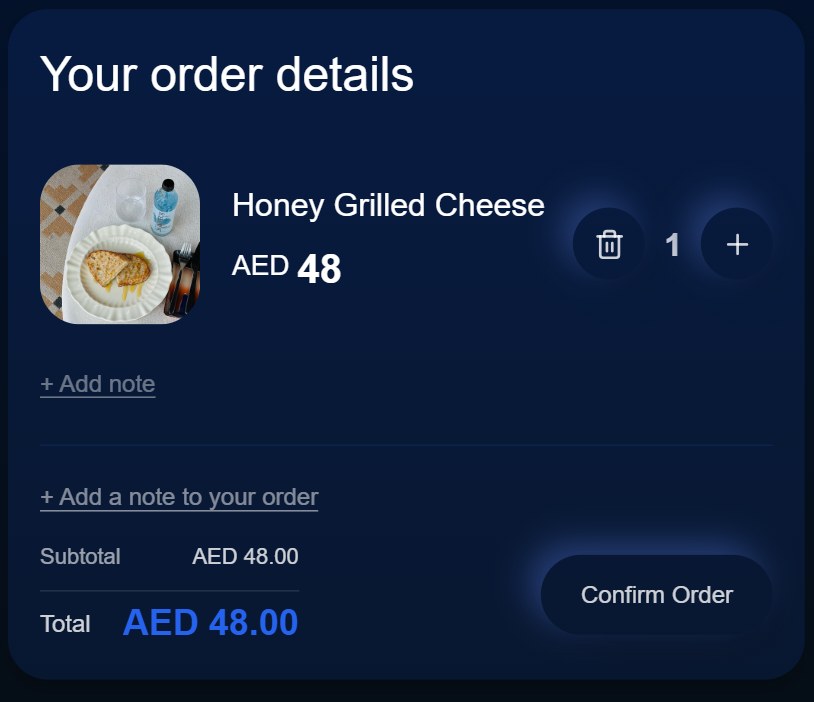 A diner's order details card, built by talking to the assistant
